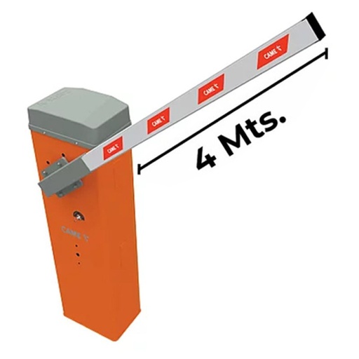 Barrera vehicular con brazo de 4 metros, gabinete color naranja sin iluminación modelo LT4 marca Came