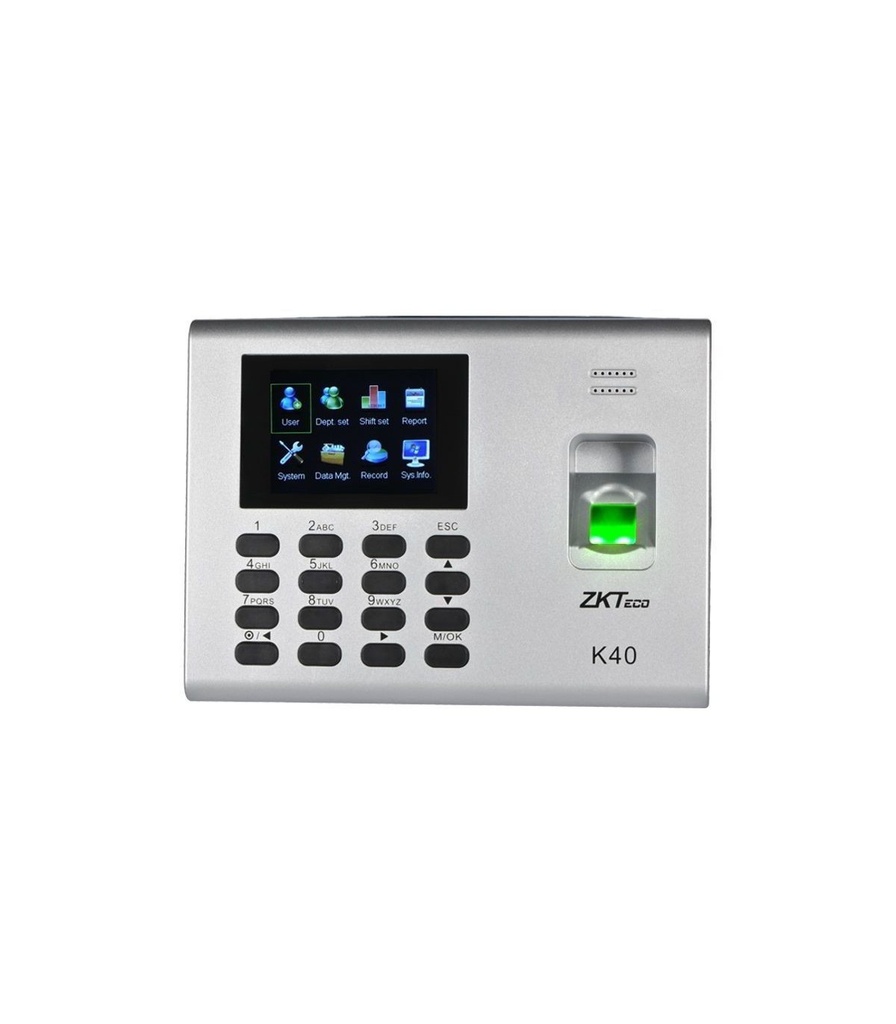 Reloj biometrico, terminal de tiempo y asistencia con funciones de control de acceso, capacidad de 1000 huellas y 80,000 registros TCP/IP, USB-Host • Batería de respaldo incorporada. • Pantalla TFT LCD a color de 2.8 pulgadas. • Control de acceso simple. • Múltiples idiomas. • Reportes SSR en Formato Excel Marca ZKTeco
