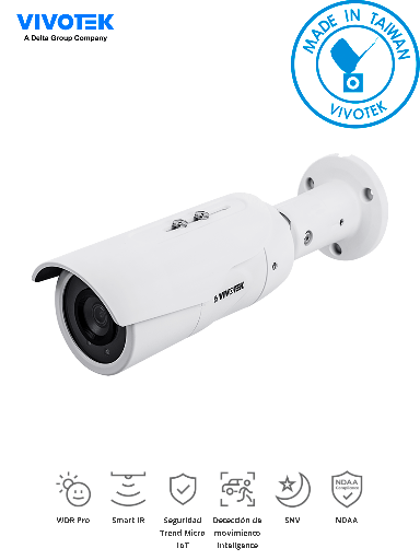 Cámara IP bullet exterior 5 Megapixeles / H265 / Lente fijo 3.6mm / WDR Pro/ Smart IR 30mts /Visión SNV/ Smart stream III /Ciberseguridad Trend Micro/ Smart Motion/ Protección IP66, IK10/ NDAA/ONVIF marca VIVOTEK IB9389-EH-v2