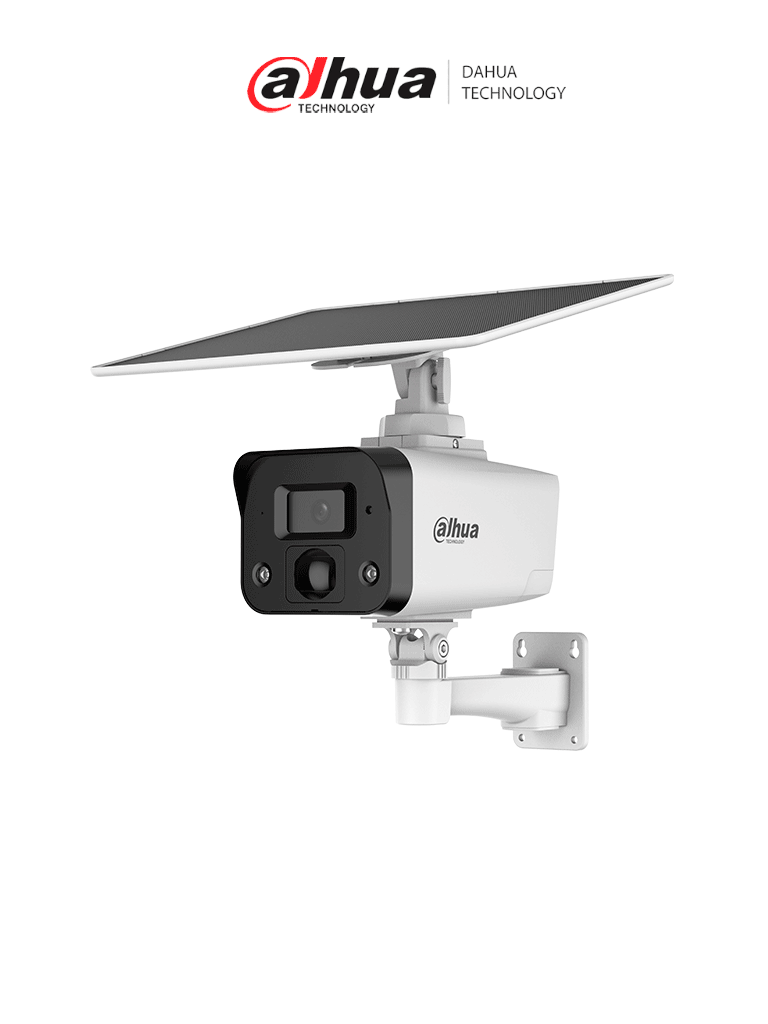 Cámara IP bullet Solar 4G 4MP/panel solar/Batería/ SMD/ Sirena y luz de disuasión activa/Audio bidireccional/ Iluminador dual inteligente/IR 50 m/ luz cálida 30m/ Modo AOV (vídeo siempre activo)/Ranura para Micro SD/IP67/ #SD