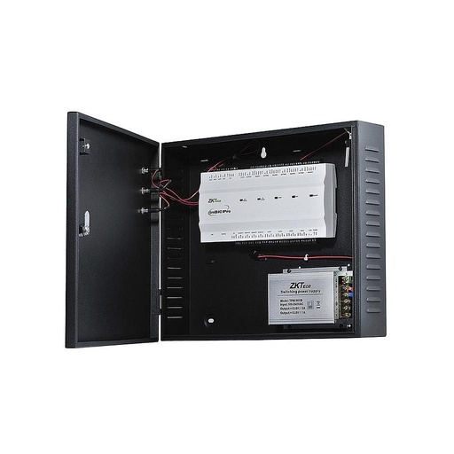 Panel de control de acceso serie PRO para cuatro puertas con terminales de conexion para lectores esclavas, entradas y salidas de alarma y metodos para realizar vinculaciones, incluye caja metalica y fuente de poder Marca: ZKTeco