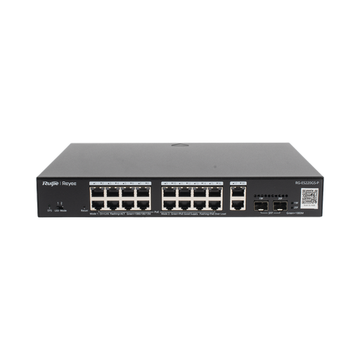 Switch 20 Puertos Gigabit, 16 PoE+, 2 Puertos RJ45 Gigabit, 2 Puertos SFP, 250W PoE L2 Administrable en la Nube de, reconocimiento de cámaras IP,